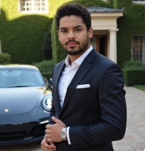 Man in dark blazer and light blue shirt posing next to a silver sports car in front of a house with ivy