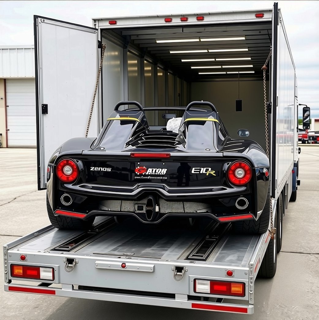 Black sports car loaded on white enclosed trailer with open cargo doors