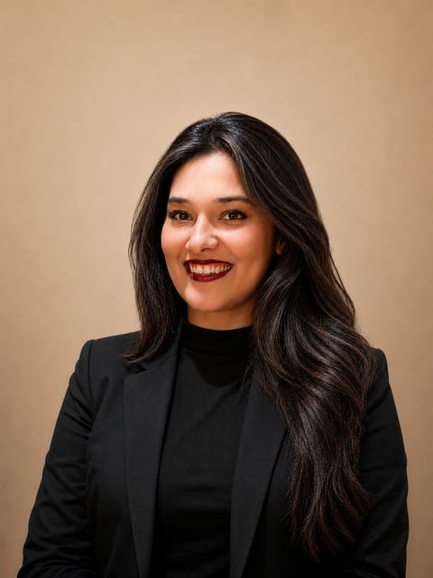 Professional headshot of a smiling woman with long dark hair wearing a black blazer against a tan background