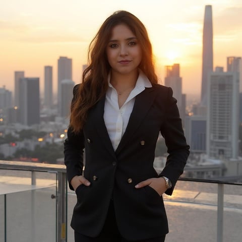 Professional woman in black blazer and white shirt standing on high-rise balcony overlooking sunset city skyline