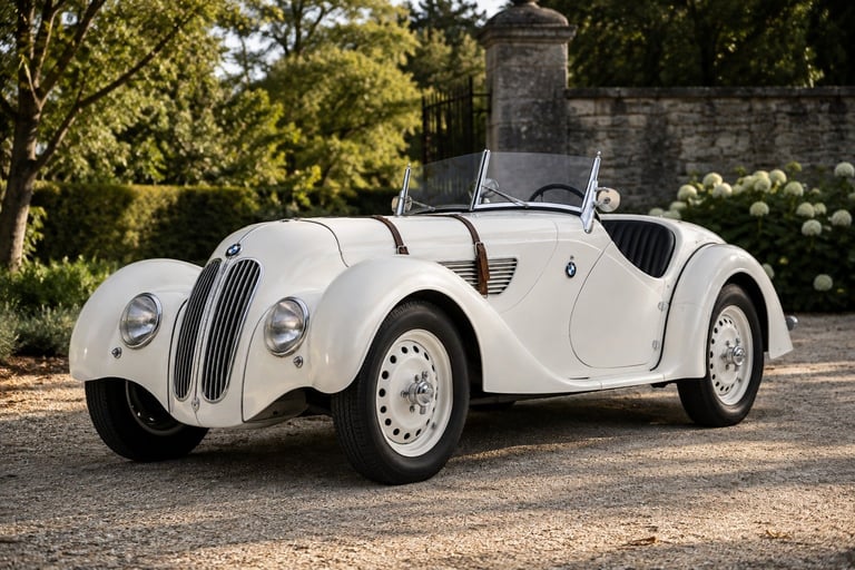 White vintage convertible sports car parked on gravel with castle ruins and green foliage in background
