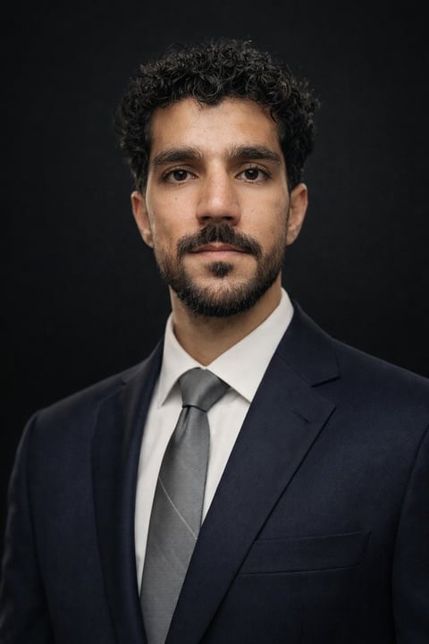 Professional headshot of a man with dark curly hair and beard wearing a navy blazer, white dress shirt, and gray tie against a black background
