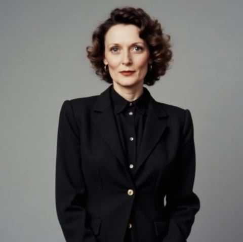 Woman with short curled auburn hair wearing a black blazer and black shirt against a gray background