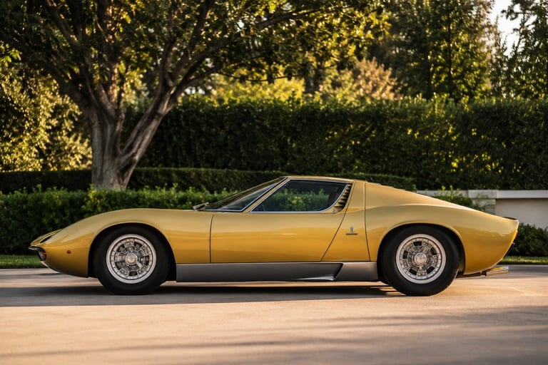 Gold Lamborghini Miura sports car parked on a driveway with green trees and hedges in the background